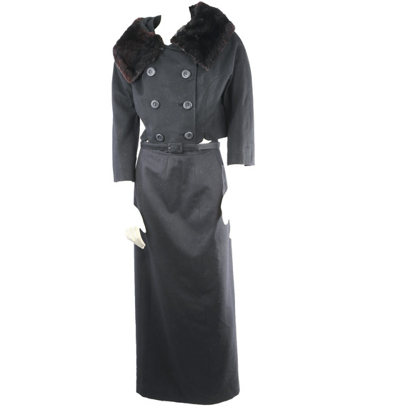 Kennie Belted Black Wool Skirt Suit Mink Fur Collar Jacket Vintage Set Size S - Picture 5 of 16